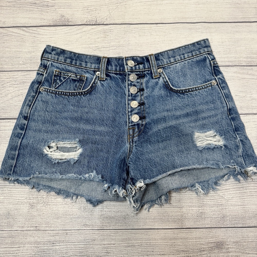 7 For All Mankind Monroe Cut-Off Shorts With Exposed Button‎ Size 27 Distressed